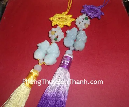 Ngọc bội treo 2 Tỳ Hưu nằm vừa+lồng bình an Miến Điện S237