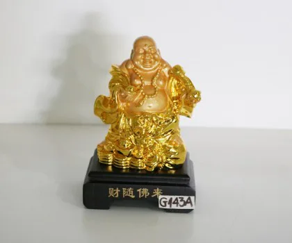 Phật di lạc vàng đứng gánh như ý xâu vàng đế gỗ - Tài vận hanh thông G143A