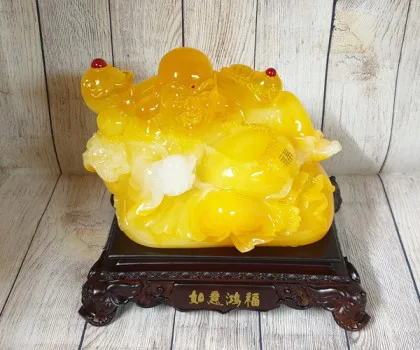 Đế tượng Phật di lạc cam vàng ngọc vác như ý có hồng châu trên túi tài lộc khủng - Như Ý Hồng Phước LN187-1