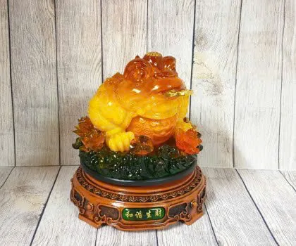 Thiềm thừ vàng ngọc lưu ly trên bụi sen lưu ly đế gỗ xoay lớn - Hòa Hài Sinh Tài LN087